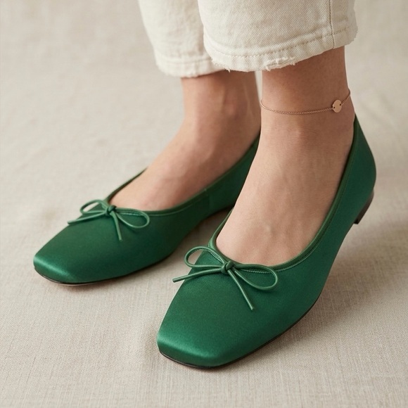 Maeve Shoes - MAEVE BY ANTHRO Satin Square Toe Ballet Flats Emerald Green